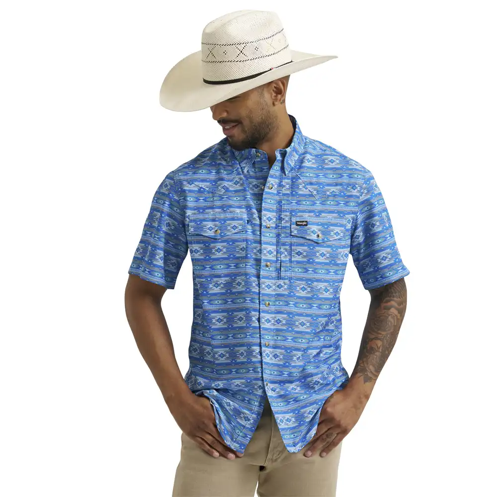 wrangler men's short sleeve shirt blue check