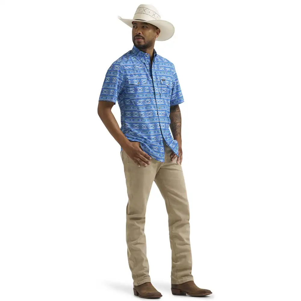 wrangler men's short sleeve shirt blue check