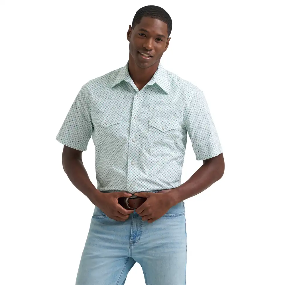 wrangler men's short sleeve shirt teal