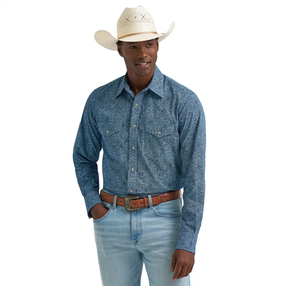 wrangler men's long sleeve shirt blue