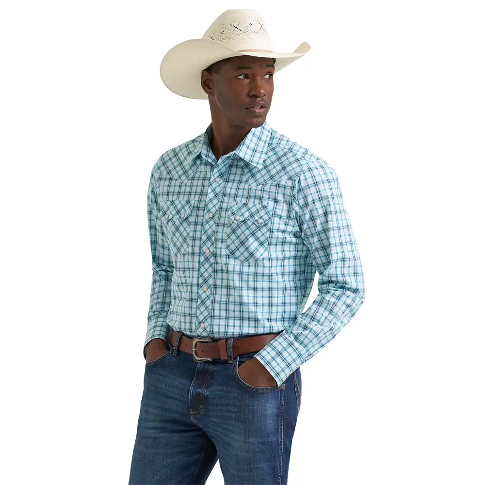 wrangler men's long sleeve shirt turquoise