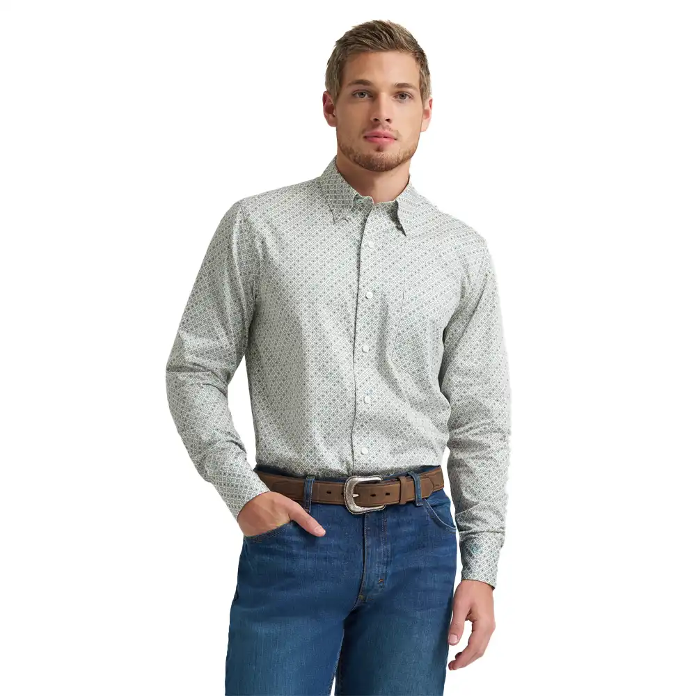 wrangler men's long sleeve shirt green and tan