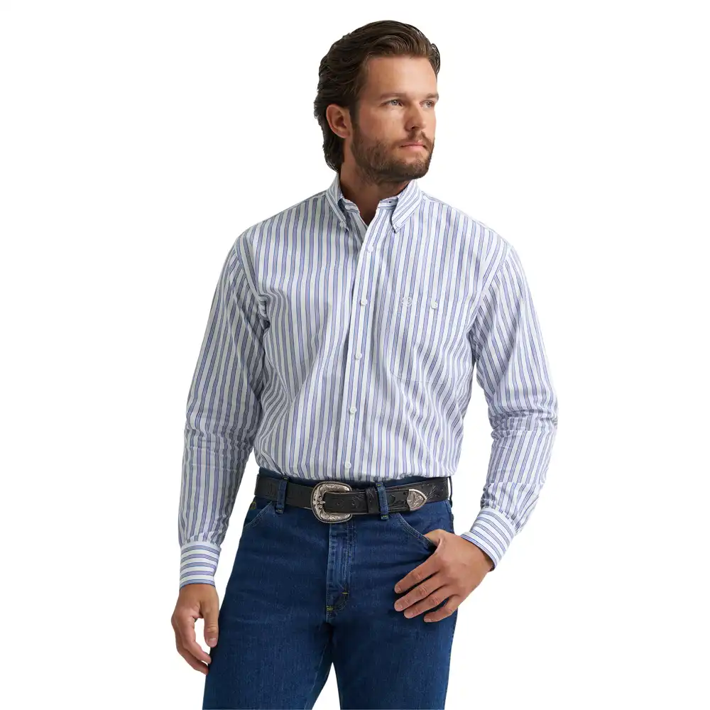 men's wrangler® george strait collection one pocket long sleeve shirt - white/blue