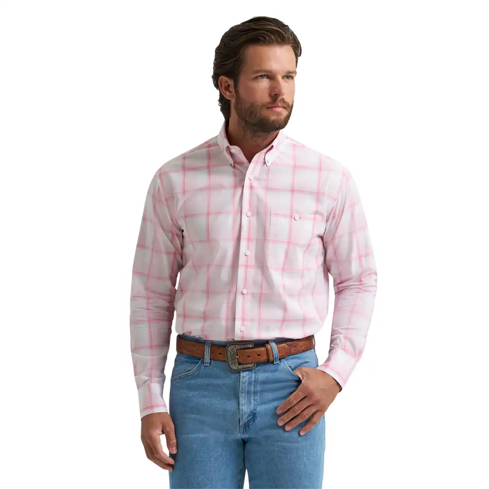 wrangler men's long sleeve shirt pink plaid