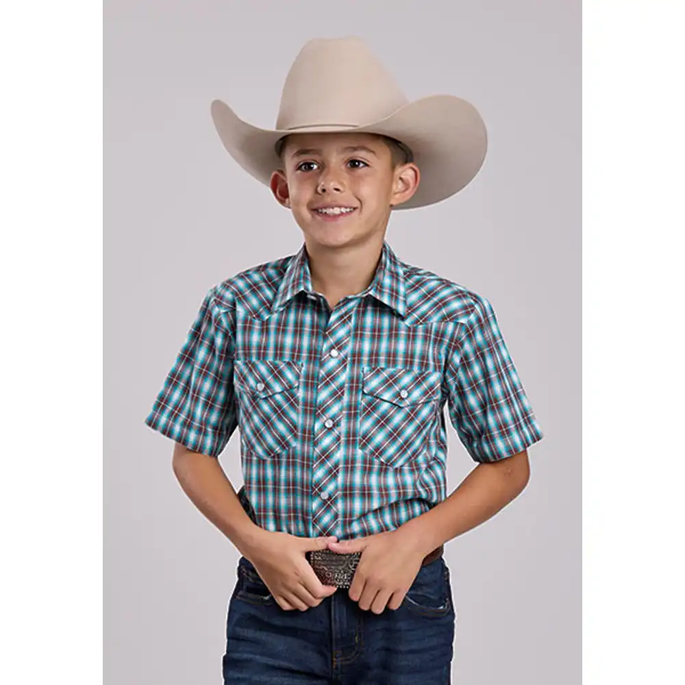 boy's short sleeve shirt turquoise plaid