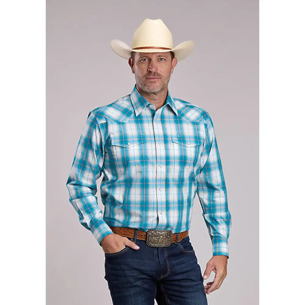 karman men's long sleeve shirt blue plaid