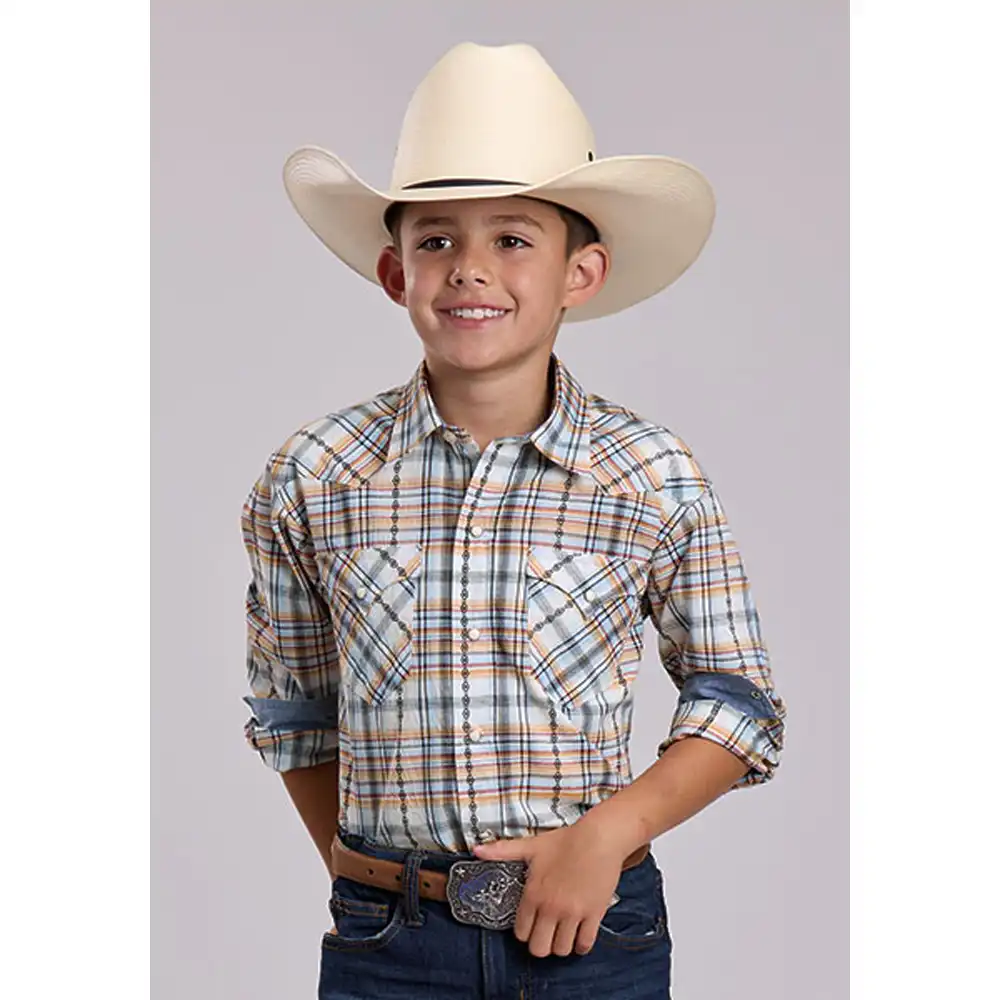 karman boy's long sleeve shirt white and cream plaid
