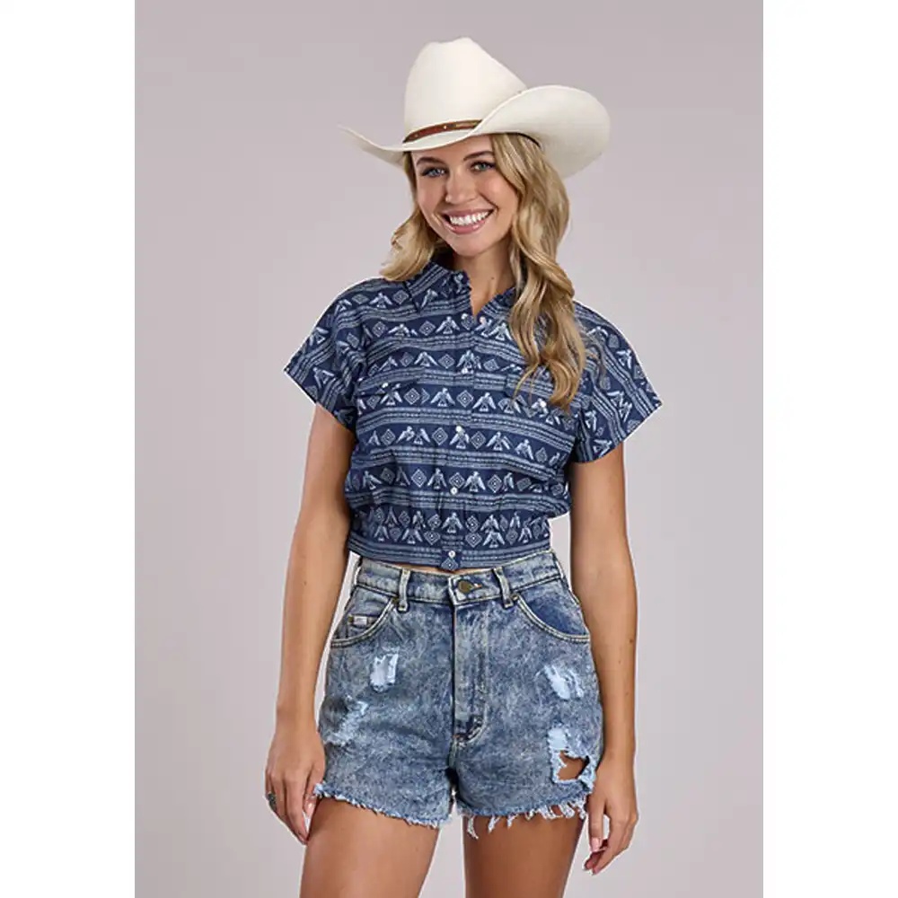 karman women's short sleeve printed shirt blue