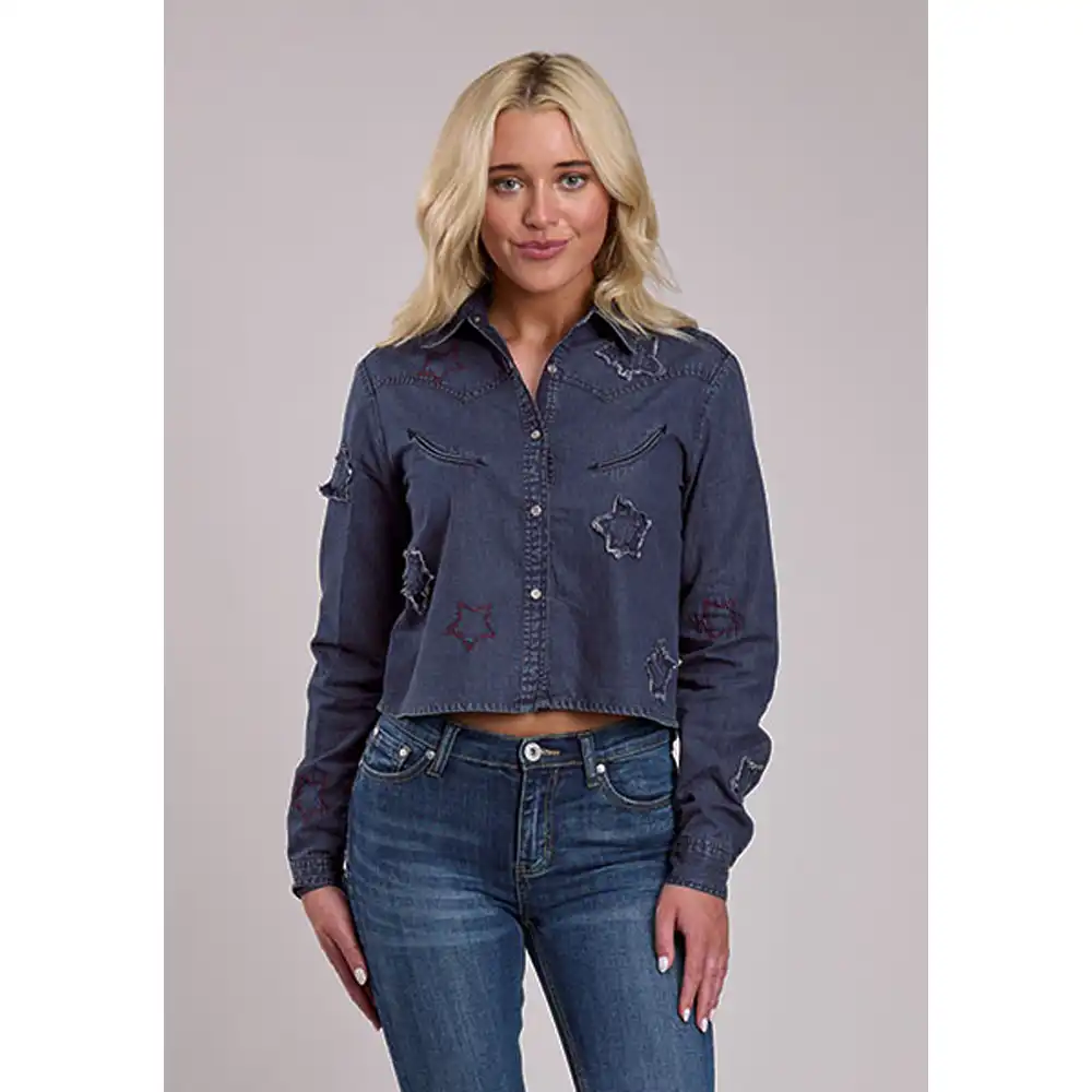 karman women's long sleeve denim top