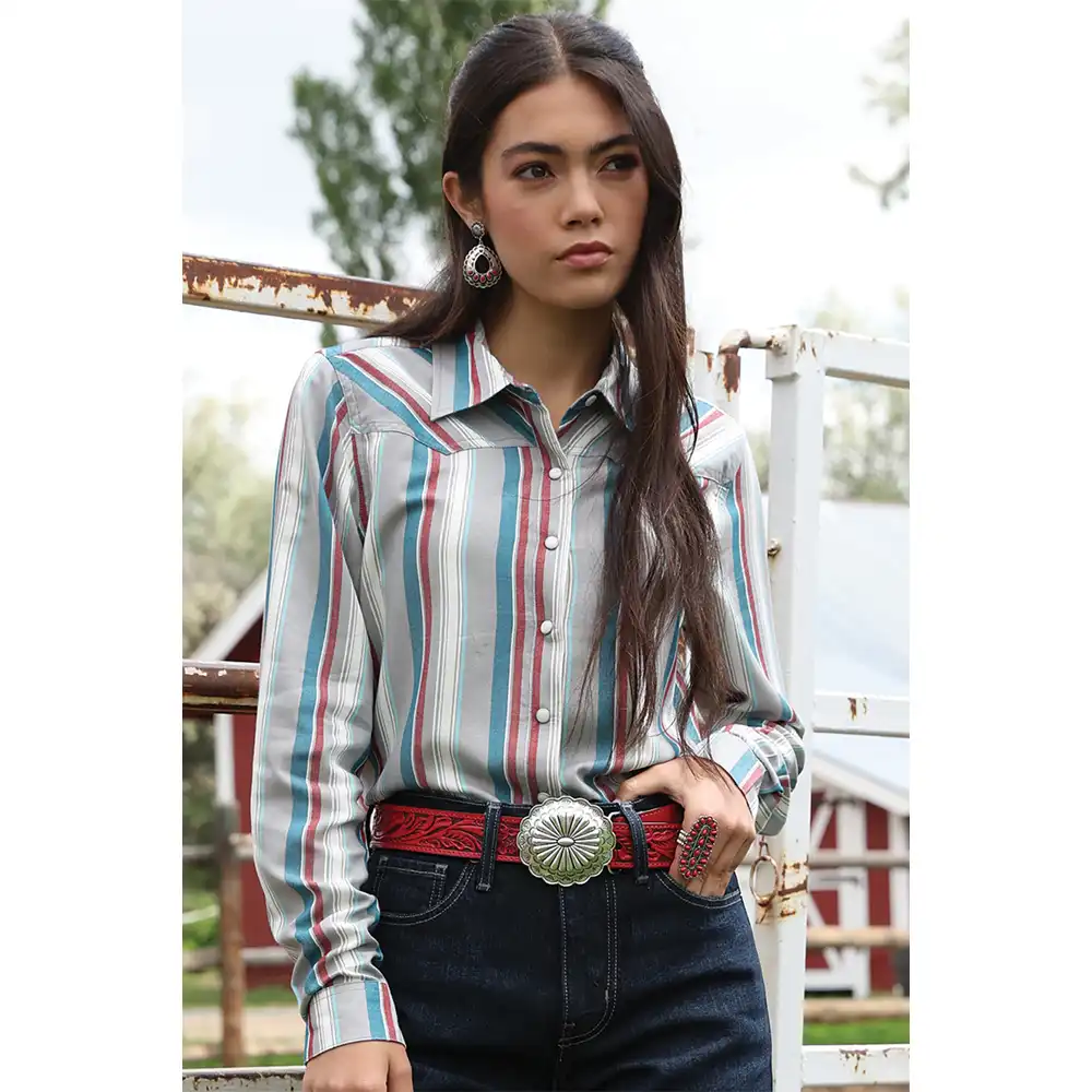 cruel denim women's long sleeve shirt red white and blue