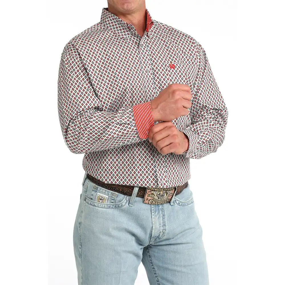 cinch men's long sleeve shirt red and white