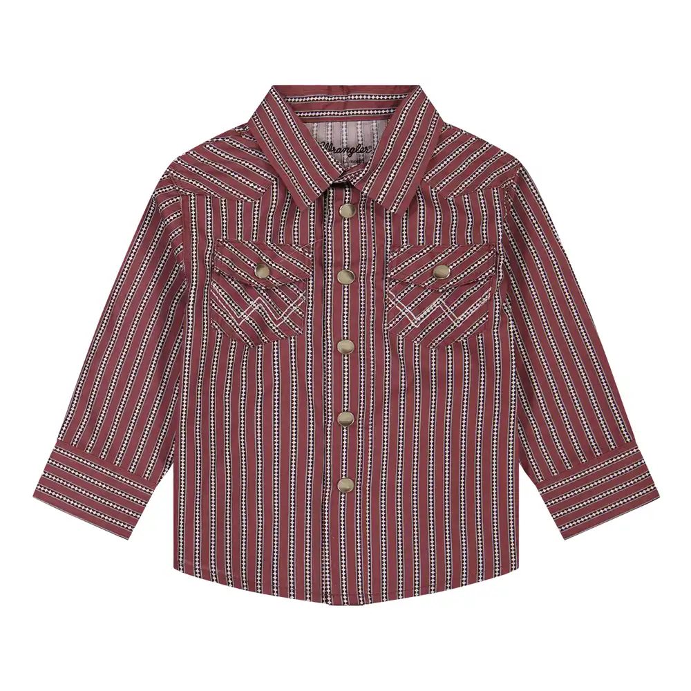 little boy's long sleeve print western snap shirt - red stripes