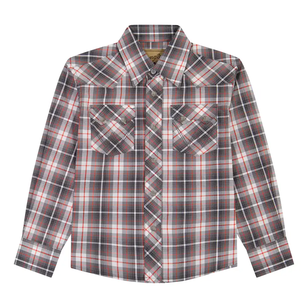 boy's wrangler retro® western snap plaid shirt with front sawtooth pockets - grey frost