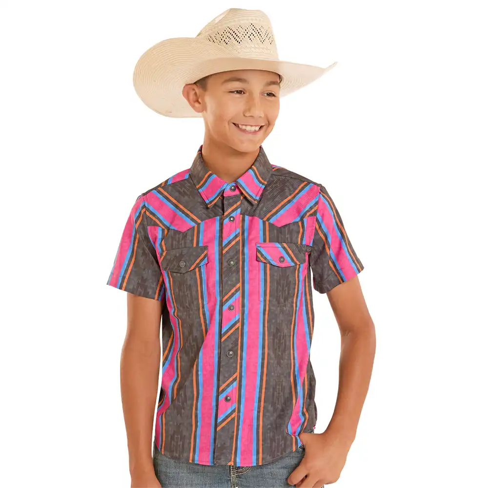 rock n roll denim boy's short sleeve shirt pink and black