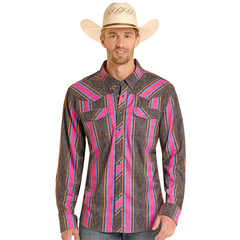 rock n roll denim men's stripe shirt pink and black
