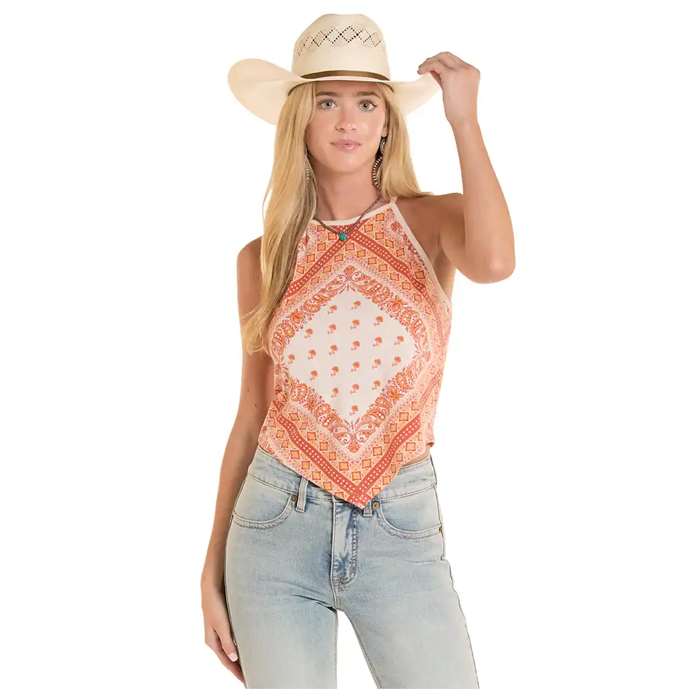 rock n roll denim women's bandana top orange
