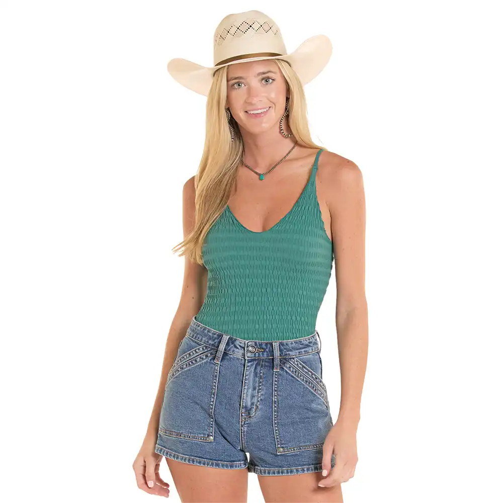 rock n roll denim women's knit tank teal