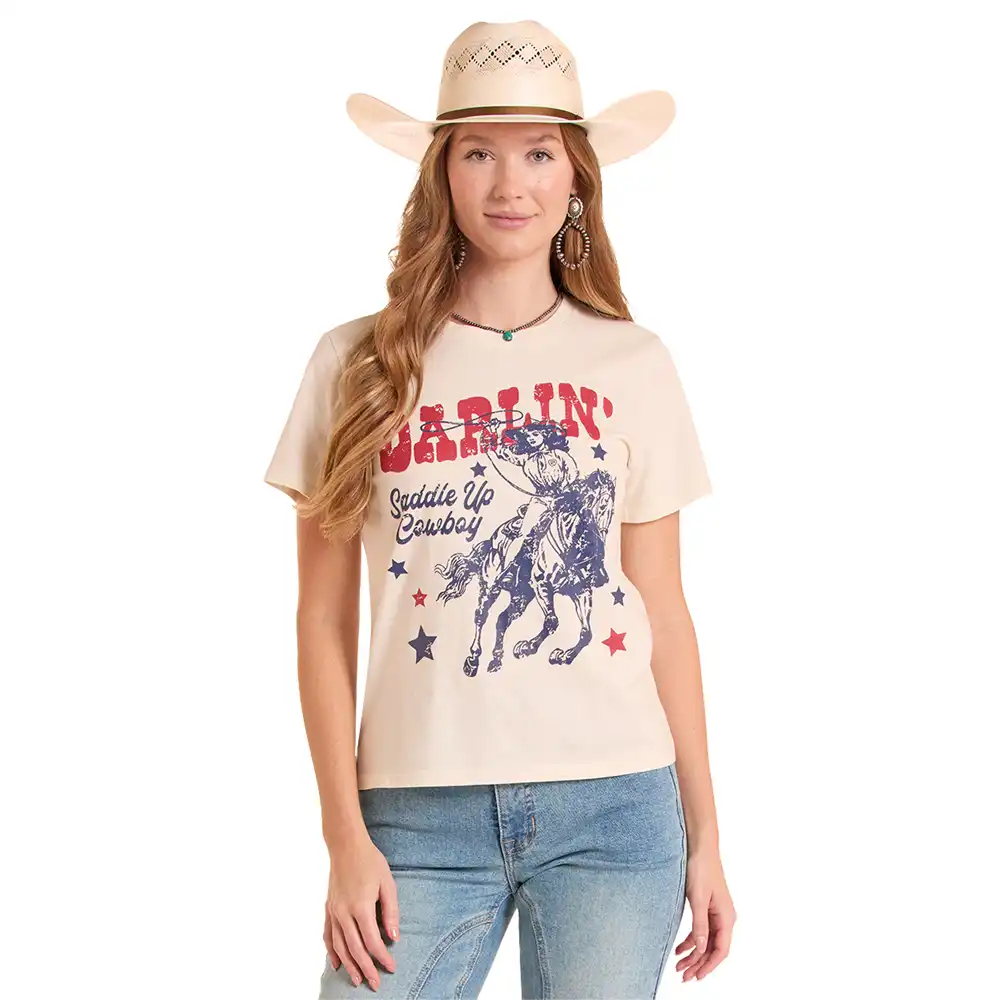 women's rock n roll denim graphic tee Natural