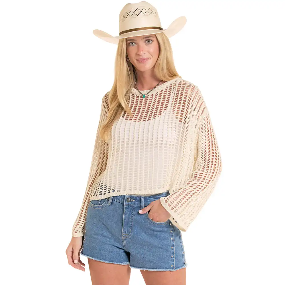 rock n roll denim open knit sweater natural