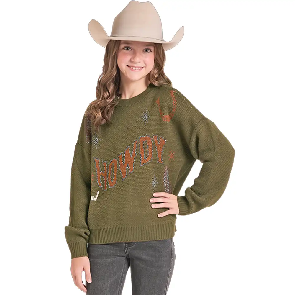 rock & roll denim girl's western sweater olive
