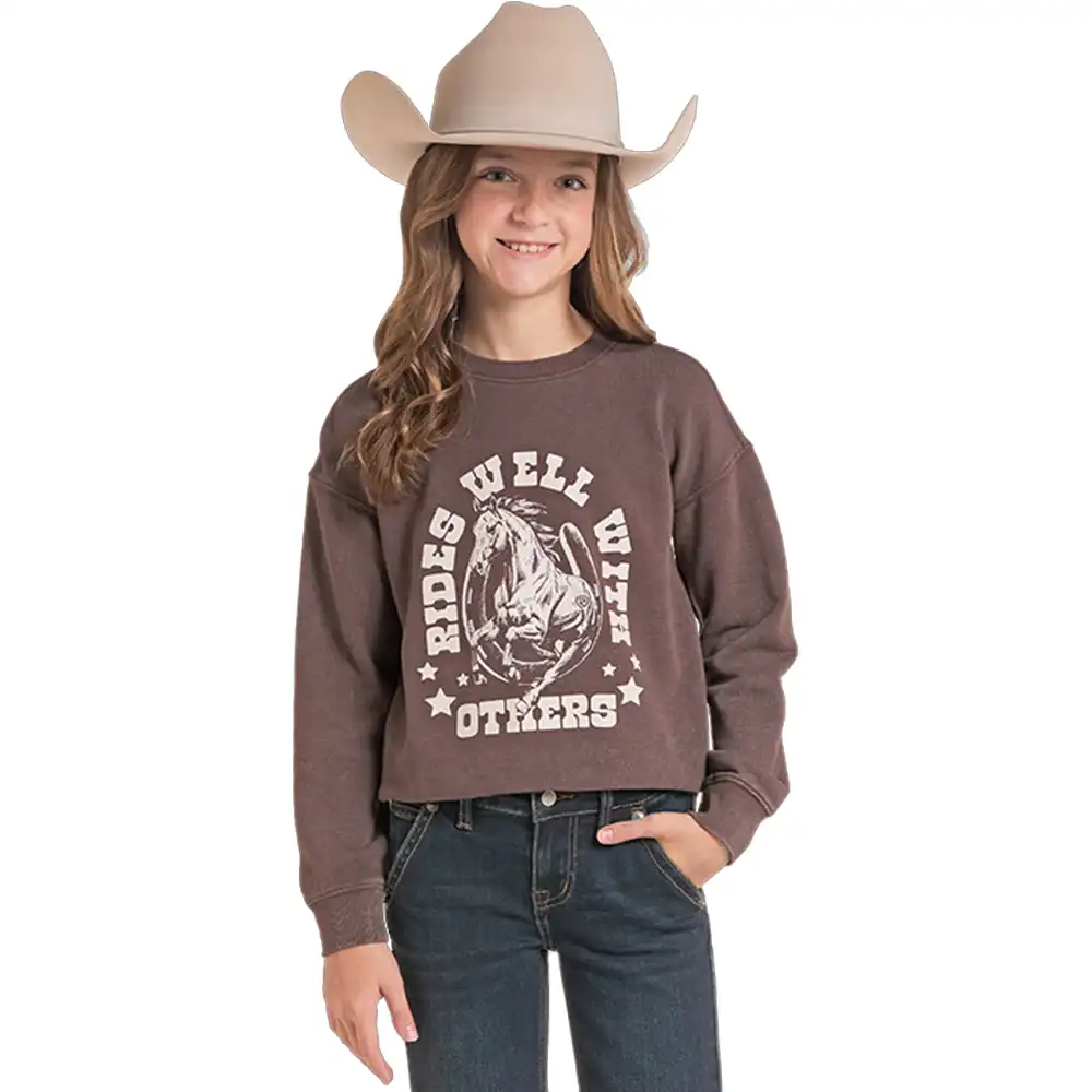 rock n roll denim girl's pullover brown