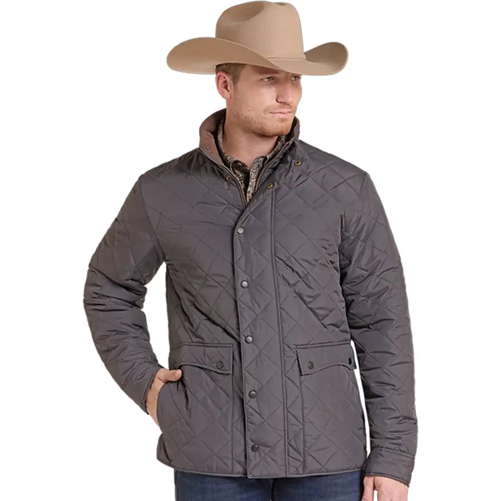 rock & roll denim men's puffer jacket charcoal