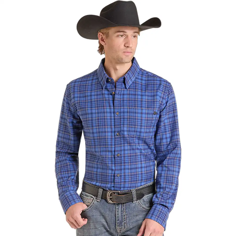 rock n roll denim men's long sleeve flannel blue