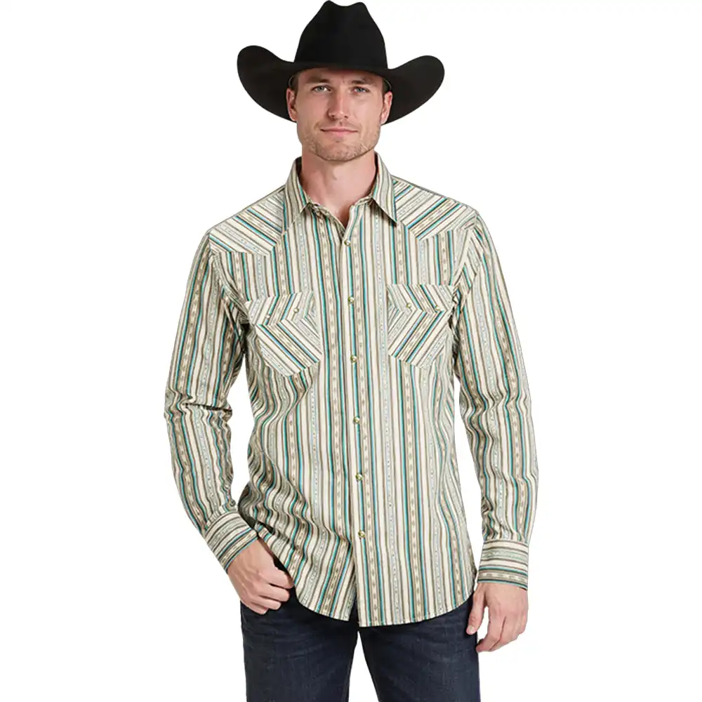 rock n denim men's long sleeve stripe shirt green