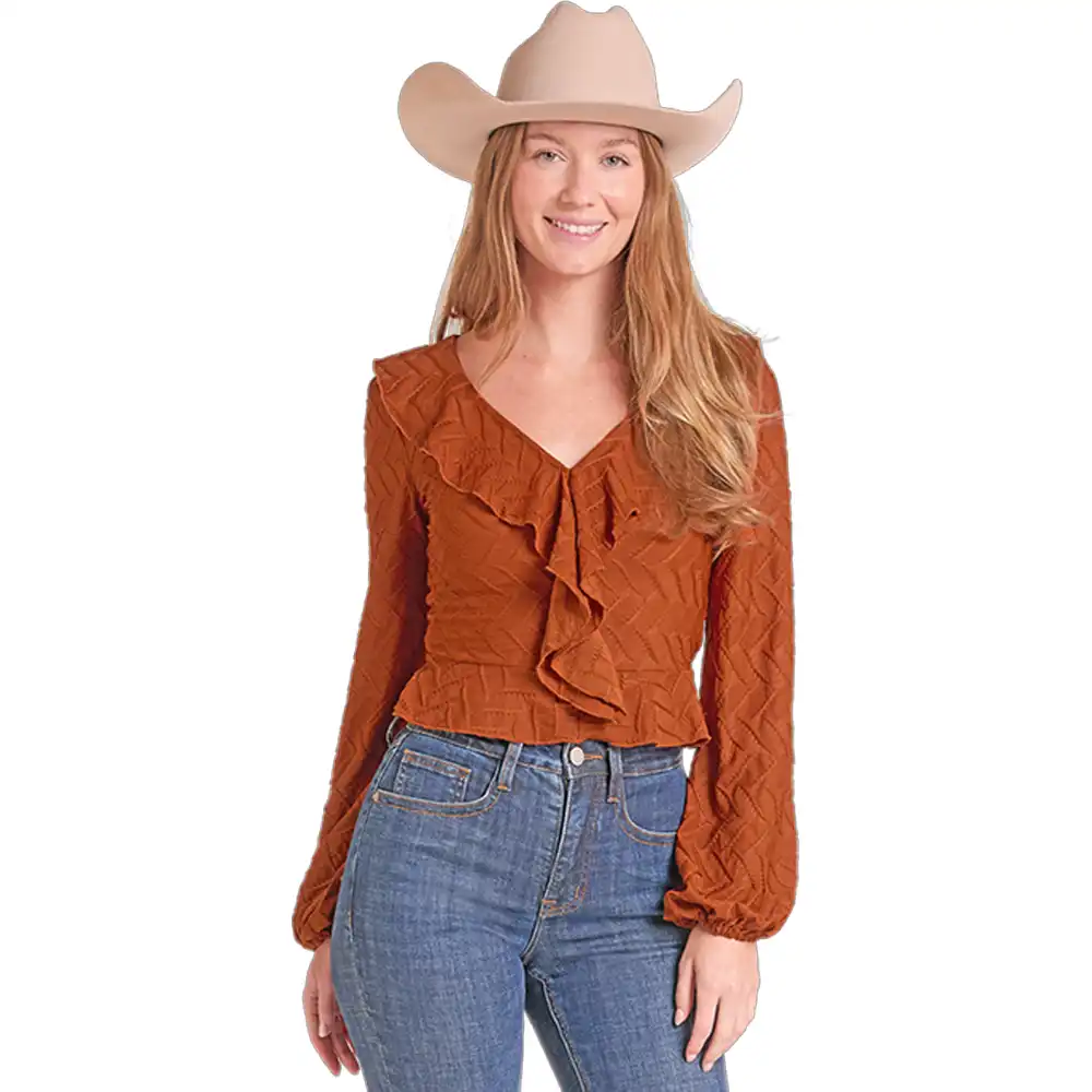 rock n roll denim women's ruffle top rust