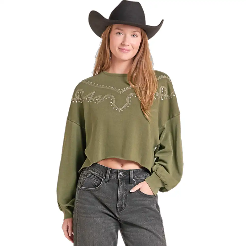 rock n roll women's studded sweatshirt olive