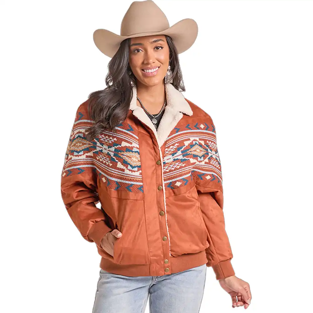 rock n roll denim women's jacket aztec rust