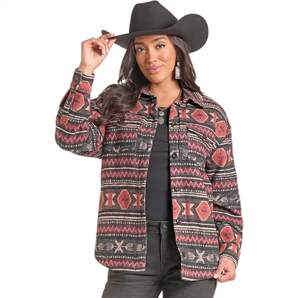 rock n roll denim women's shacket aztec red