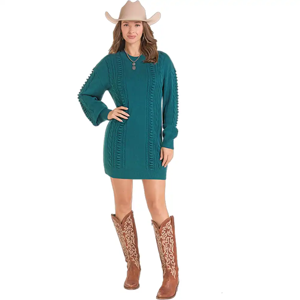 rock n roll denim women's sweater dress teal