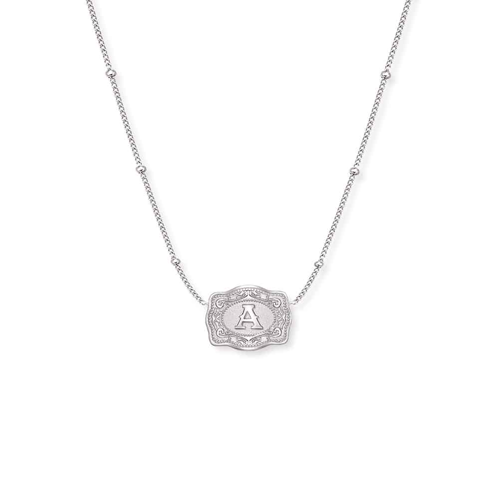 mini buckle initial pendant in silver.