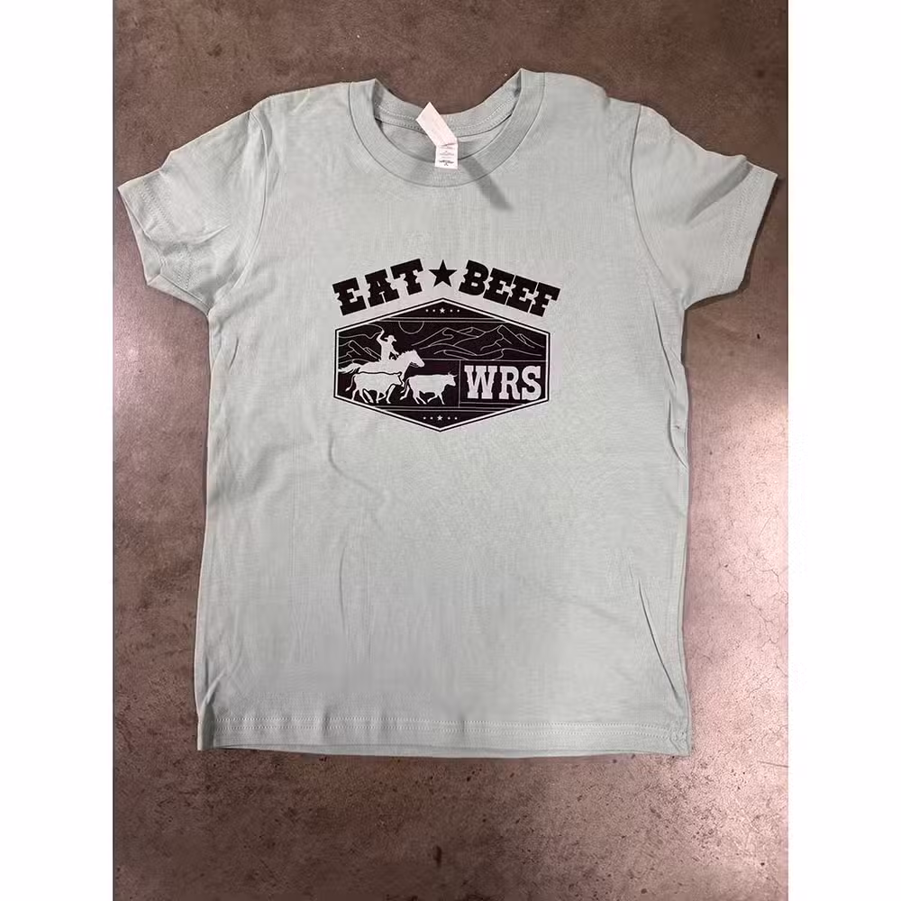Youth dusty blue WRS eat beef short sleeve shirt.