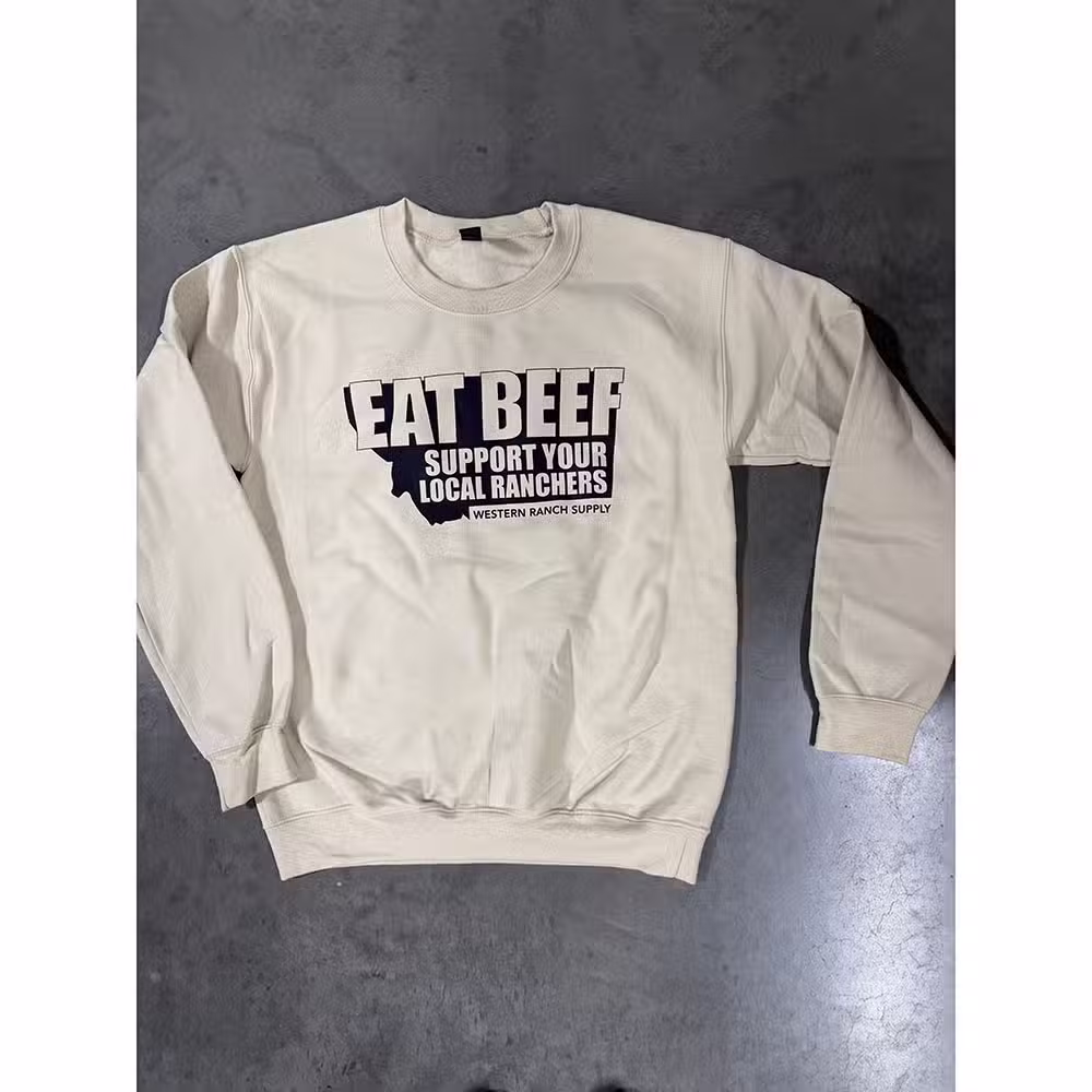 Montana outline eat beef crewneck in sand color.