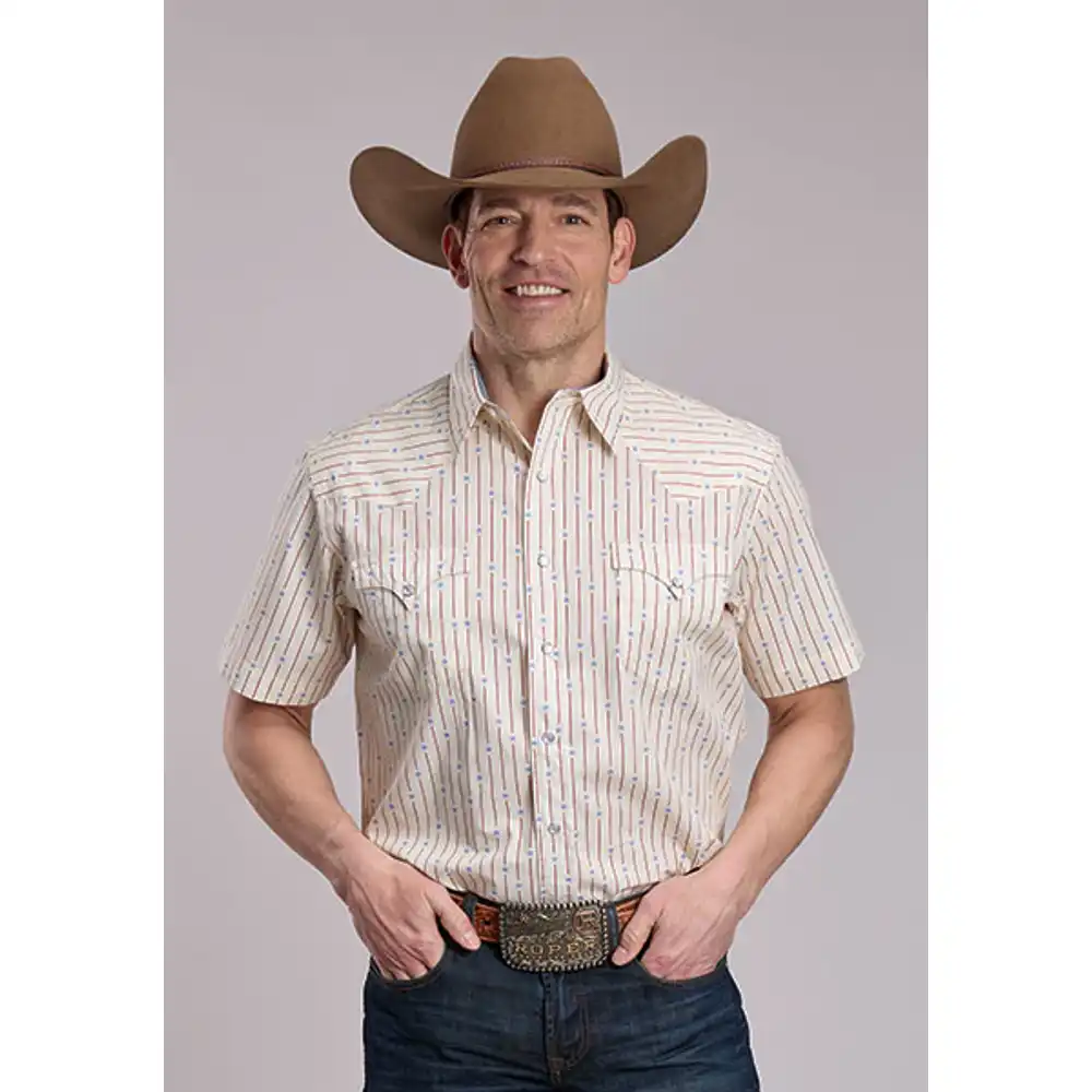 americana collection - men's short sleeve vertical striped print shirt - cream