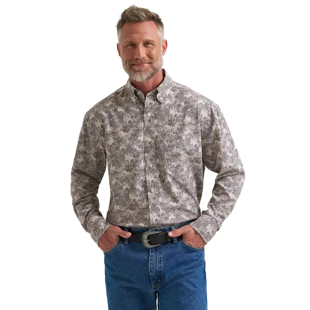 wrangler® george strait collection performance one pocket long sleeve shirt - relaxed fit - brown