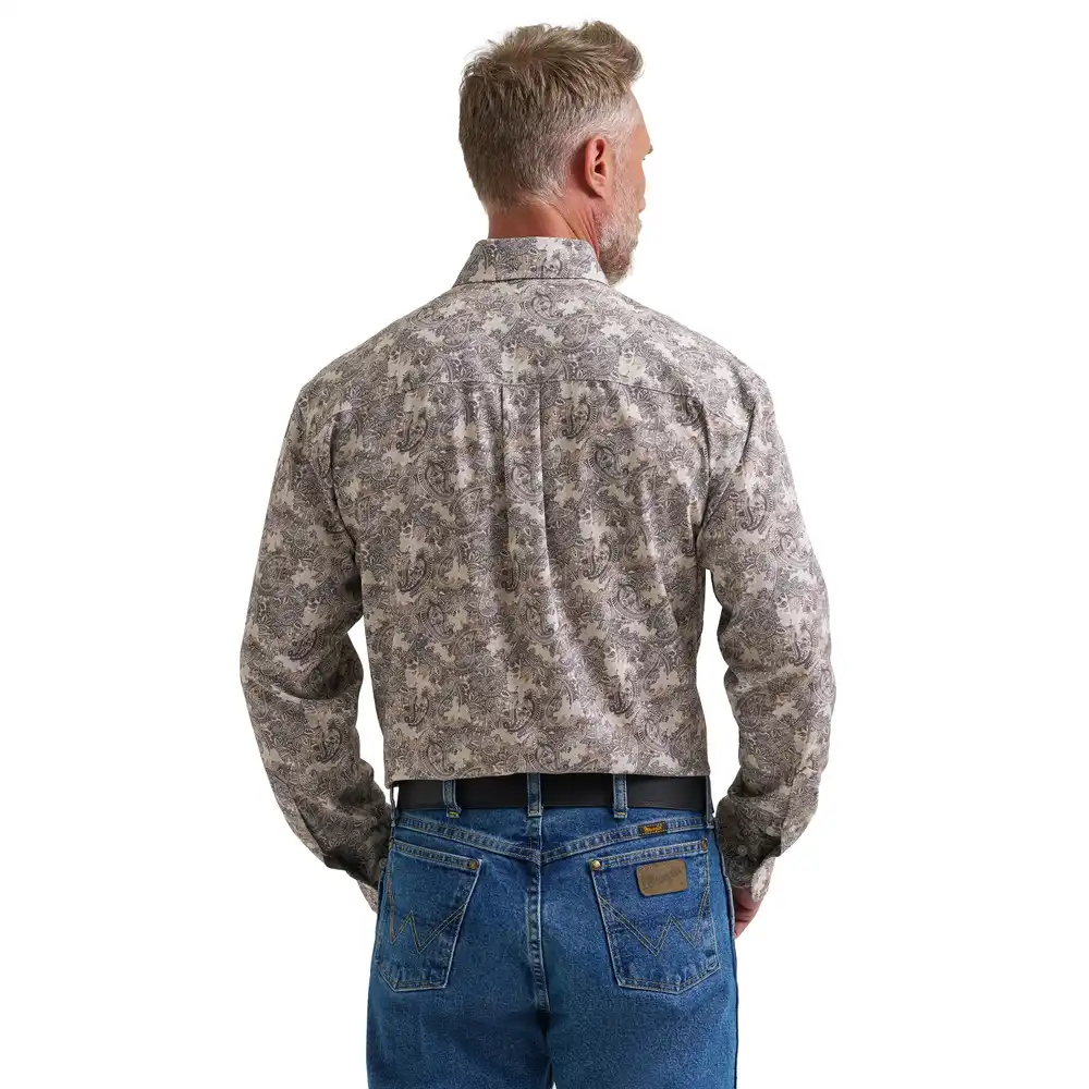 wrangler® george strait collection performance one pocket long sleeve shirt - relaxed fit - brown