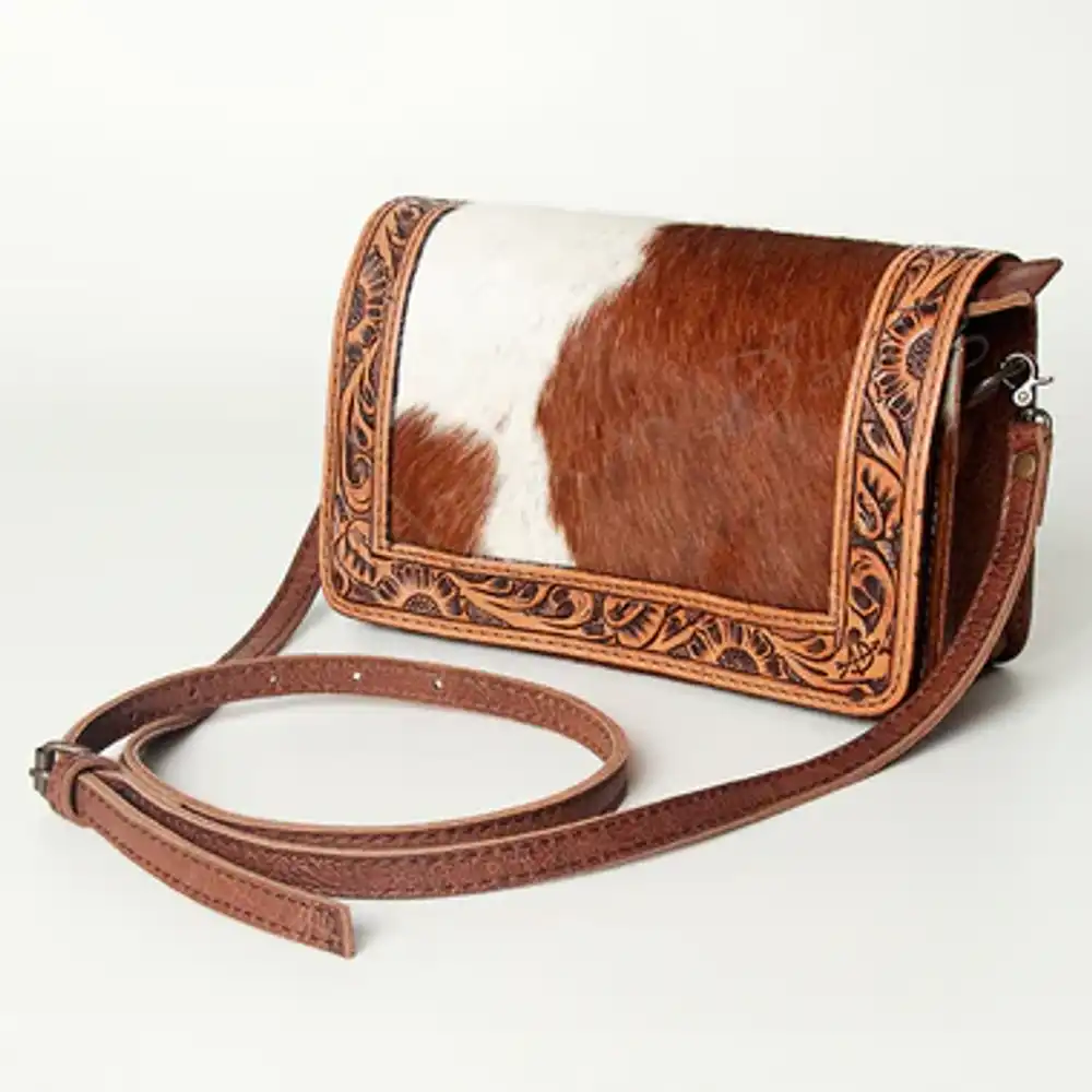 american darling hand tooled floral & hair-on cowhide western leather crossbody bag