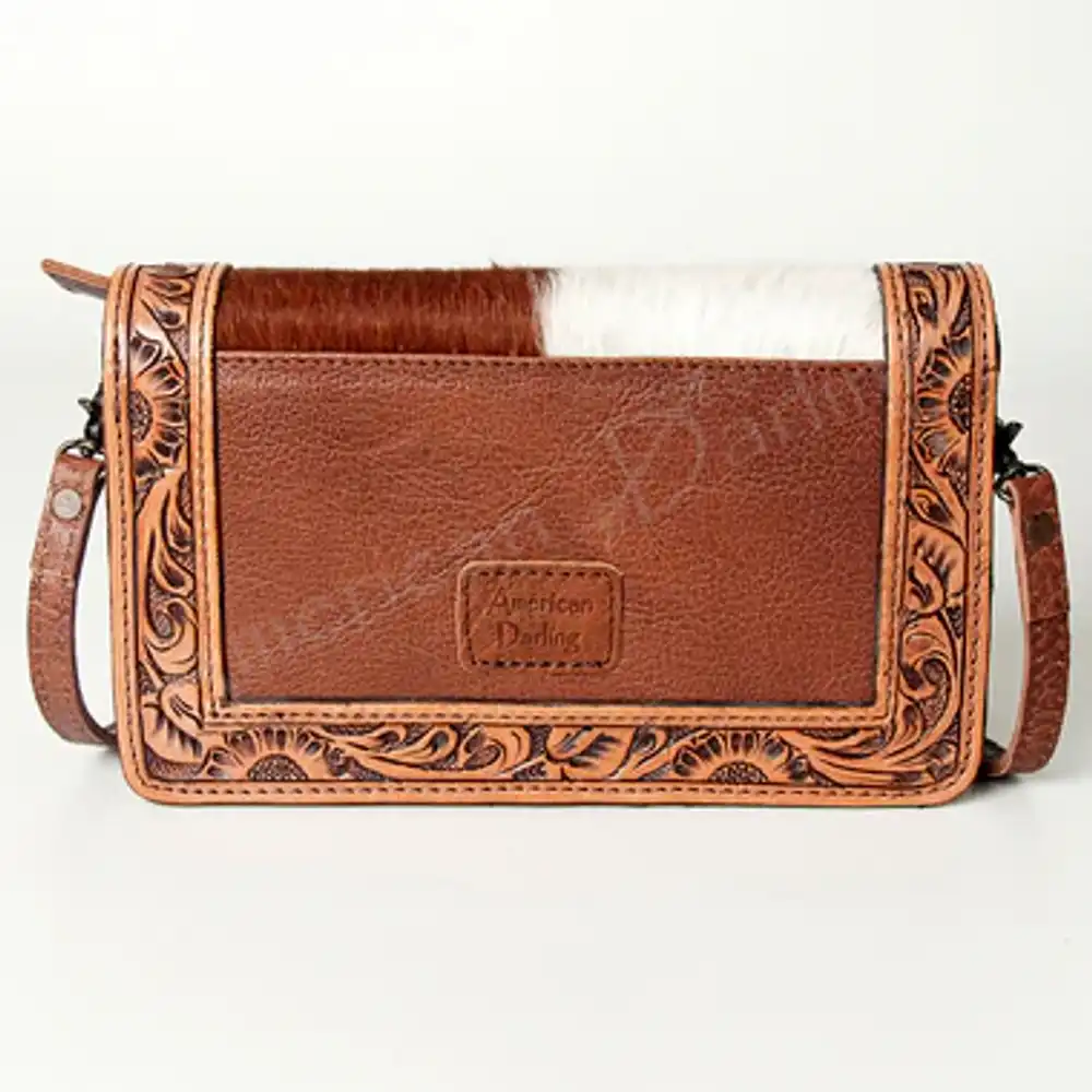 american darling hand tooled floral & hair-on cowhide western leather crossbody bag