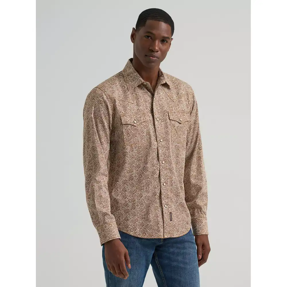 men's wrangler retro® premium long sleeve western snap printed shirt - brown sugar