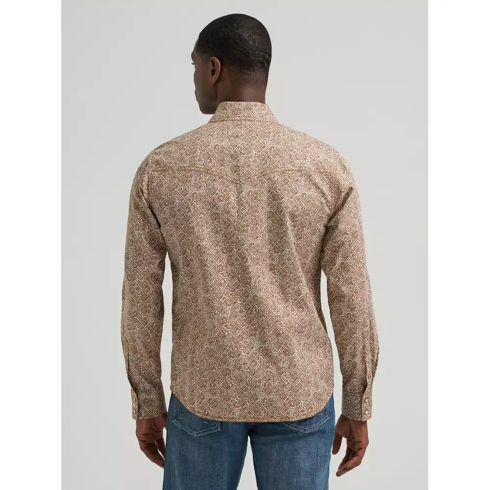 men's wrangler retro® premium long sleeve western snap printed shirt - brown sugar