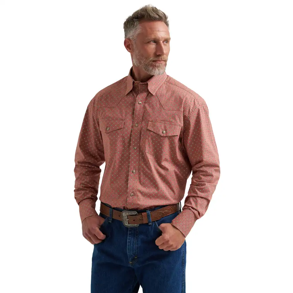 wrangler® george strait™ troubadour long sleeve western snap shirt - adobe geo
