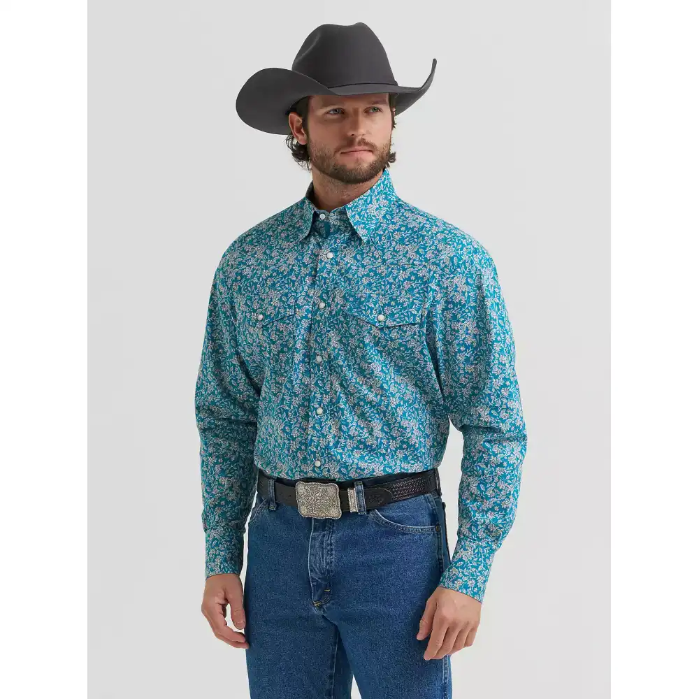 wrangler® george strait™ troubadour long sleeve western snap shirt - spruce paisley