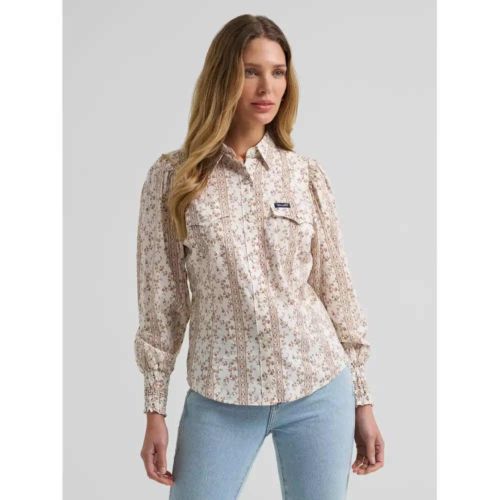 women's smocked sleeve western snap blouse - white