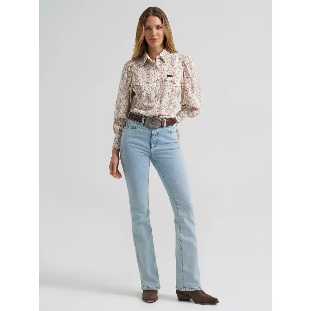 women's smocked sleeve western snap blouse - white