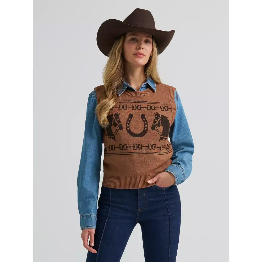women's wrangler horse sweater vest - brown
