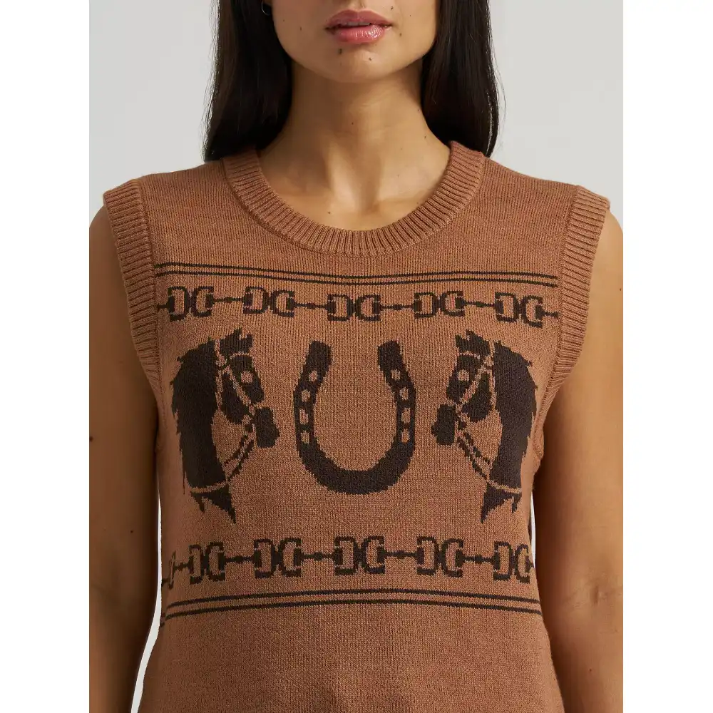 women's wrangler horse sweater vest - brown