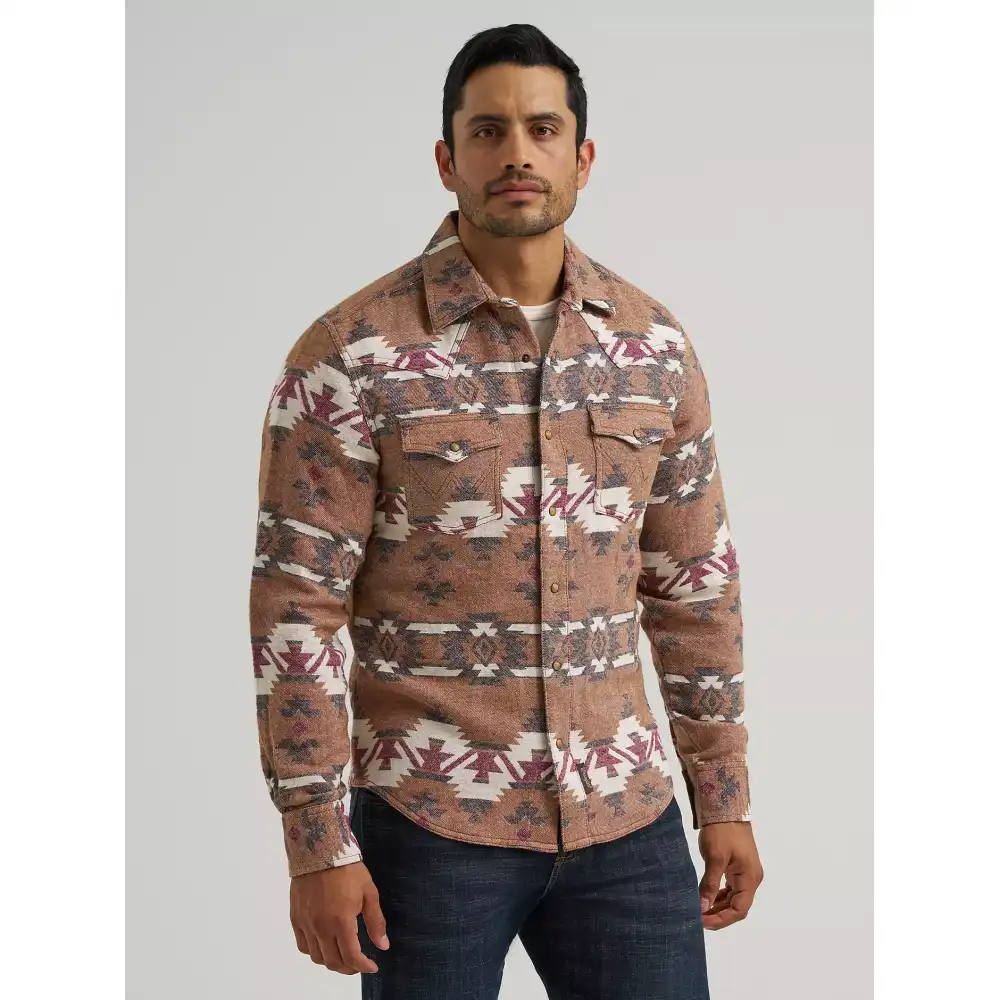 men's wrangler retro® premium western snap jacquard shirt - brown arrowhead